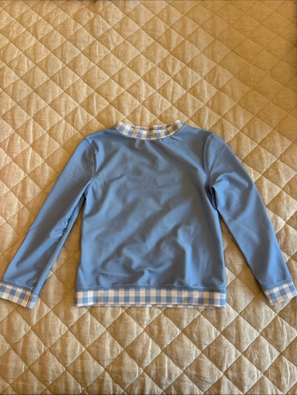 Girls' Light Blue Long-Sleeve Top with Gingham Trim
